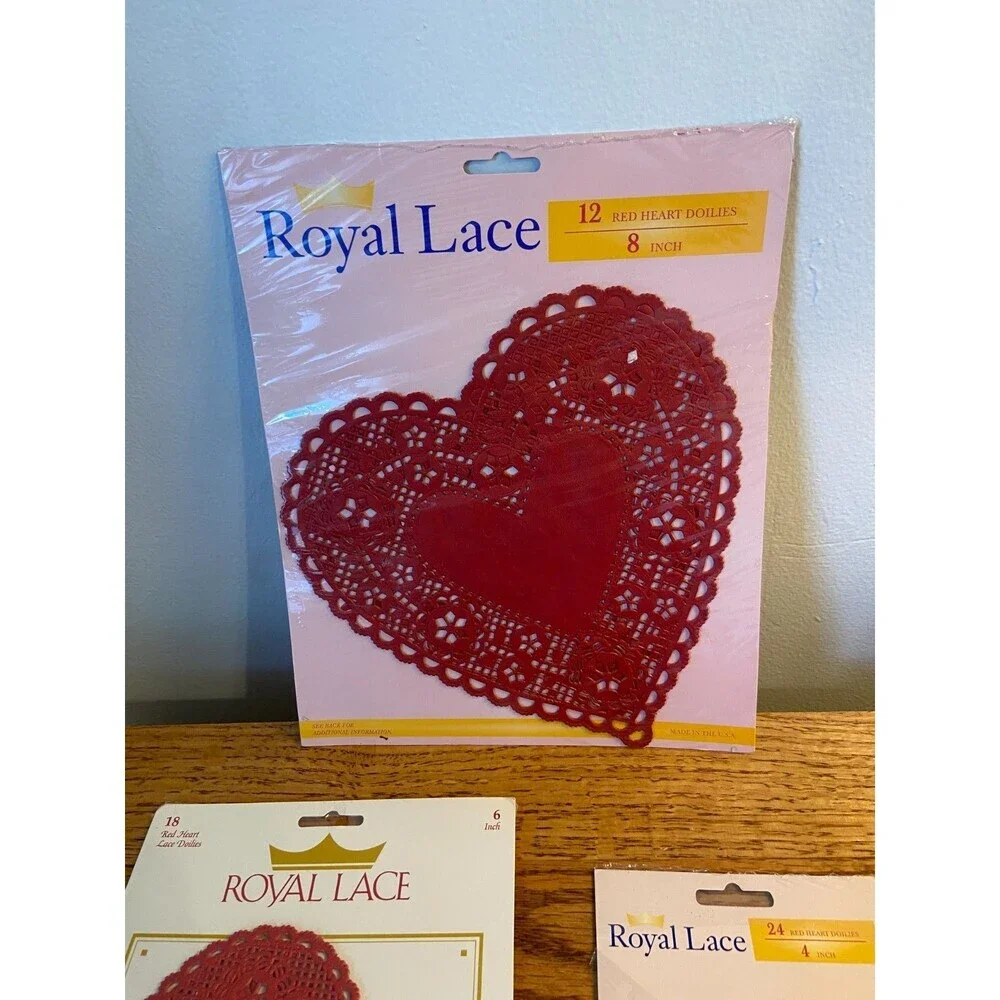 VTG Royal Lace Heart Shaped Valentine Paper Doilies Red NEW 6 4 8 inch Valentine